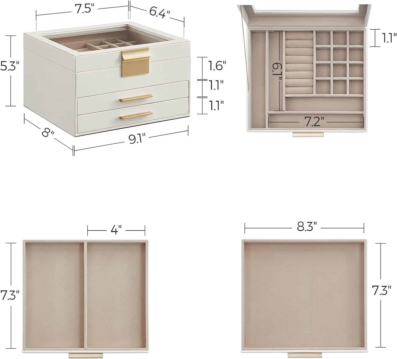 Jewelry Box Organizer with Glass Lid, 3-Layer Jewelry Storage, with 2 Drawers, Modern Style, 8 X 9.1 X 5.3 Inches, Cloud White and Gold Color UJBC239WT