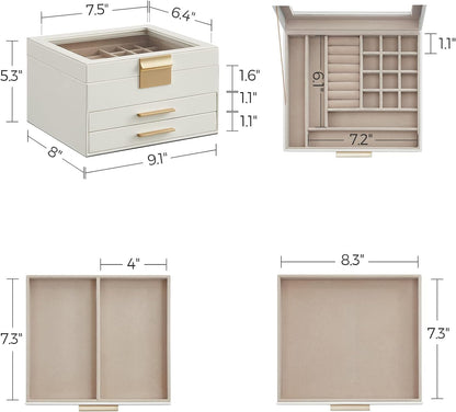 Jewelry Box Organizer with Glass Lid, 3-Layer Jewelry Storage, with 2 Drawers, Modern Style, 8 X 9.1 X 5.3 Inches, Cloud White and Gold Color UJBC239WT