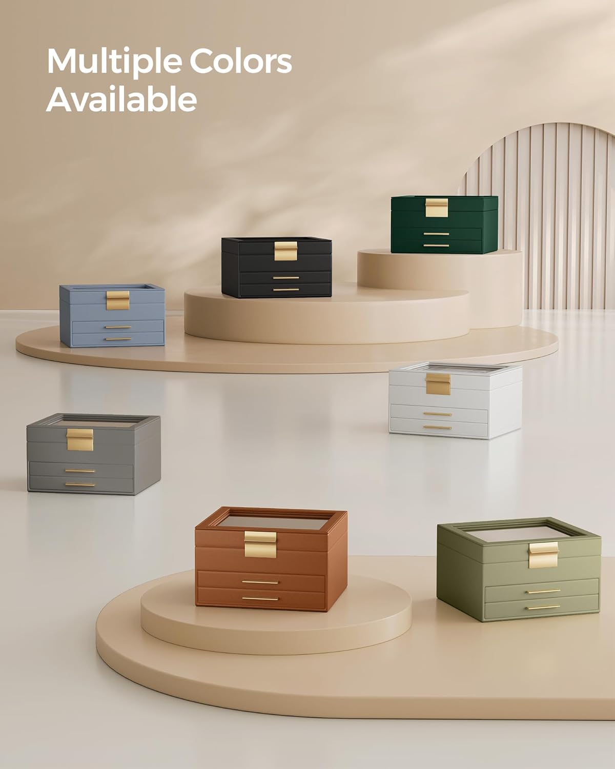 Jewelry Box Organizer with Glass Lid, 3-Layer Jewelry Storage, with 2 Drawers, Modern Style, 8 X 9.1 X 5.3 Inches, Cloud White and Gold Color UJBC239WT