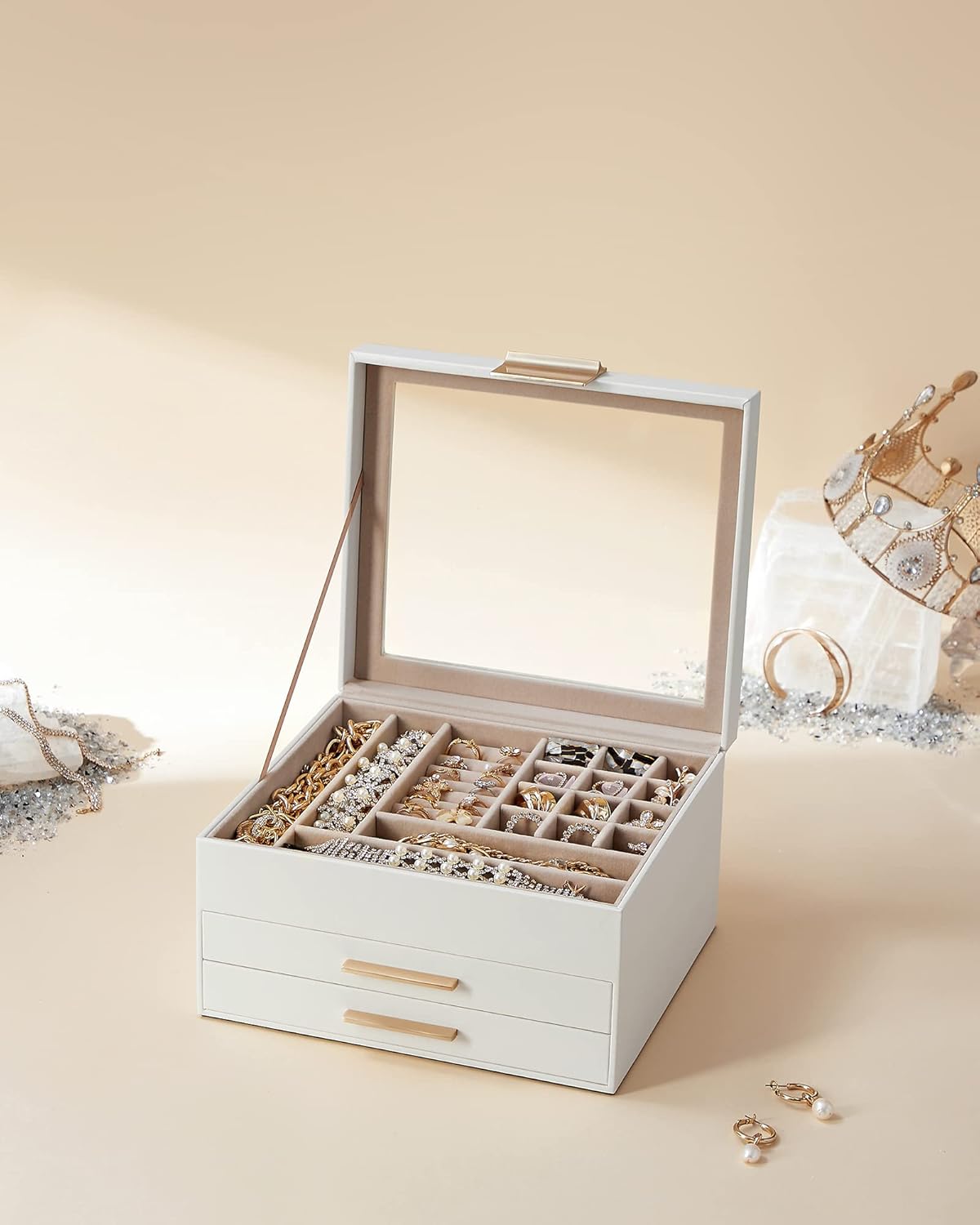 Jewelry Box Organizer with Glass Lid, 3-Layer Jewelry Storage, with 2 Drawers, Modern Style, 8 X 9.1 X 5.3 Inches, Cloud White and Gold Color UJBC239WT