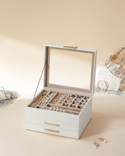 Jewelry Box Organizer with Glass Lid, 3-Layer Jewelry Storage, with 2 Drawers, Modern Style, 8 X 9.1 X 5.3 Inches, Cloud White and Gold Color UJBC239WT
