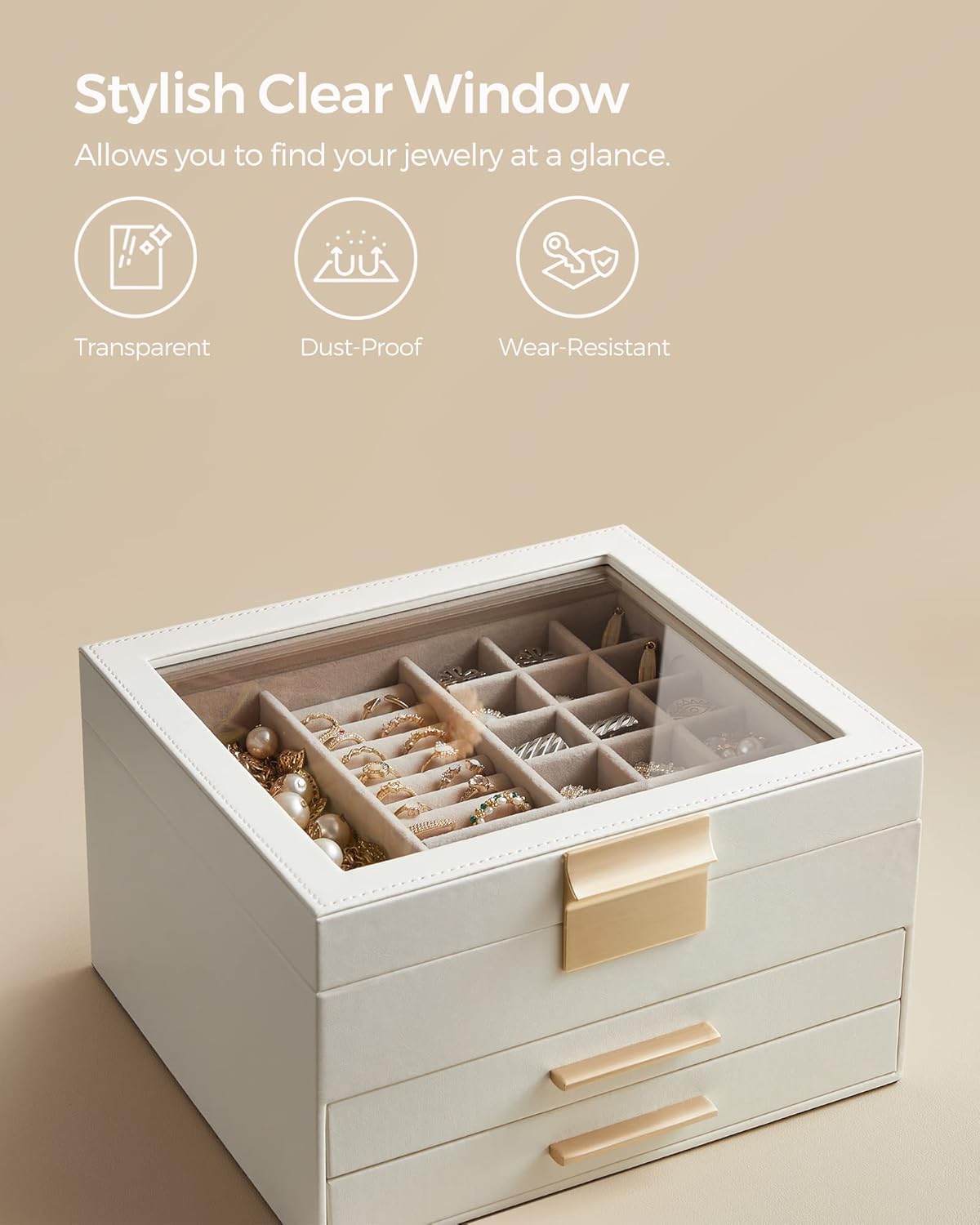Jewelry Box Organizer with Glass Lid, 3-Layer Jewelry Storage, with 2 Drawers, Modern Style, 8 X 9.1 X 5.3 Inches, Cloud White and Gold Color UJBC239WT