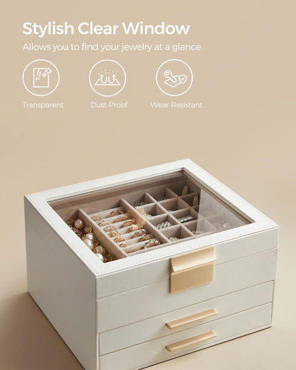 Jewelry Box Organizer with Glass Lid, 3-Layer Jewelry Storage, with 2 Drawers, Modern Style, 8 X 9.1 X 5.3 Inches, Cloud White and Gold Color UJBC239WT