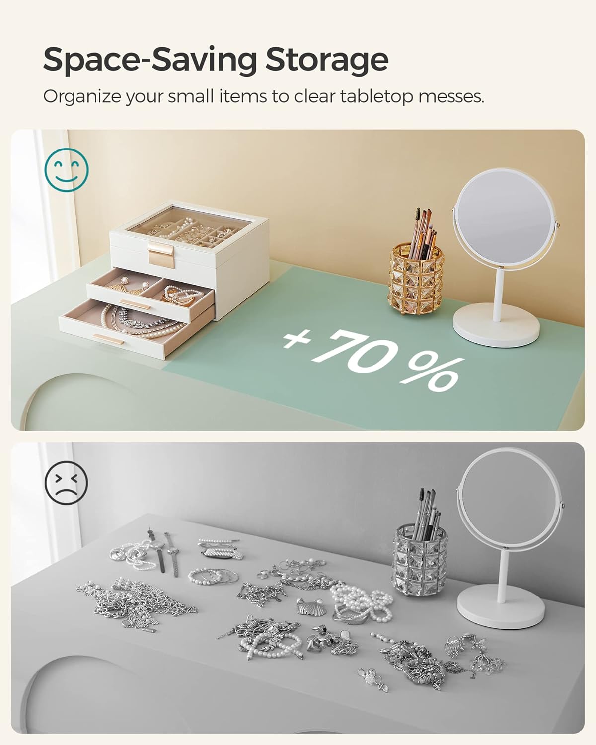 Jewelry Box Organizer with Glass Lid, 3-Layer Jewelry Storage, with 2 Drawers, Modern Style, 8 X 9.1 X 5.3 Inches, Cloud White and Gold Color UJBC239WT