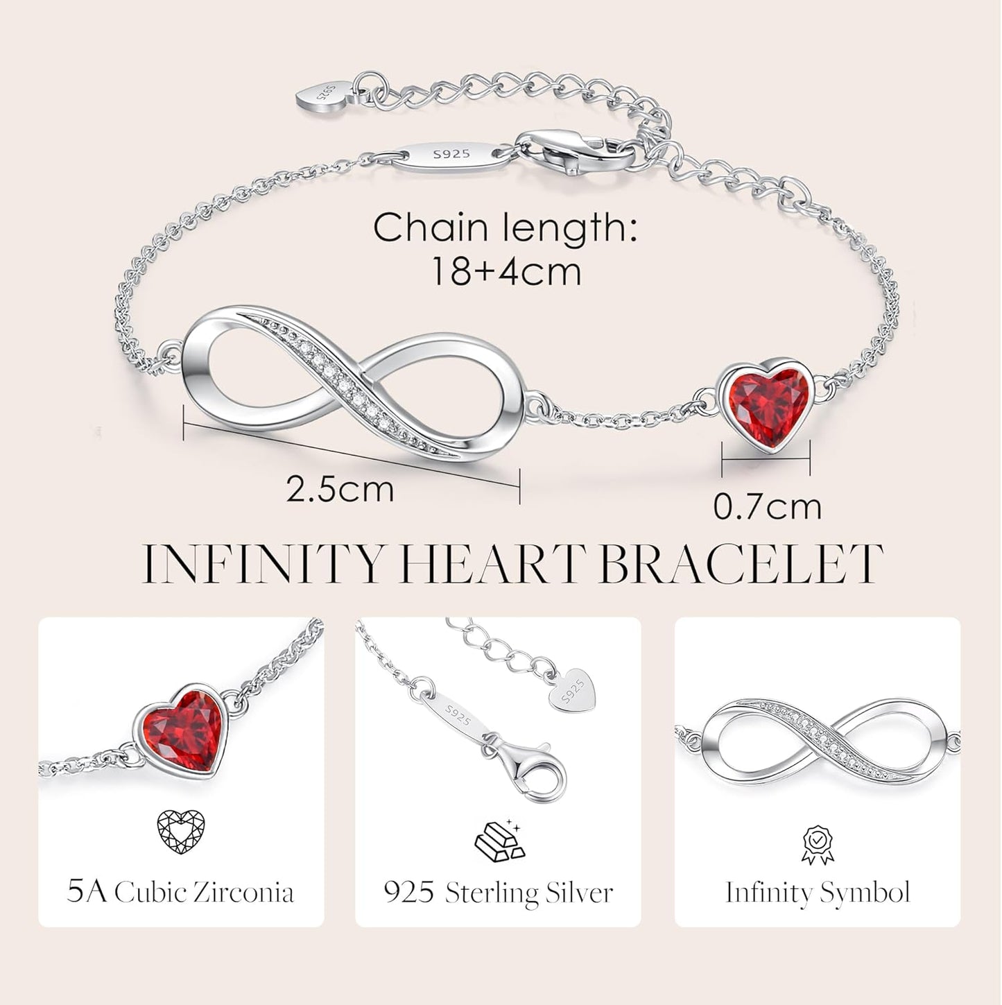 Infinity Heart Birthstone Charm Link Bracelet