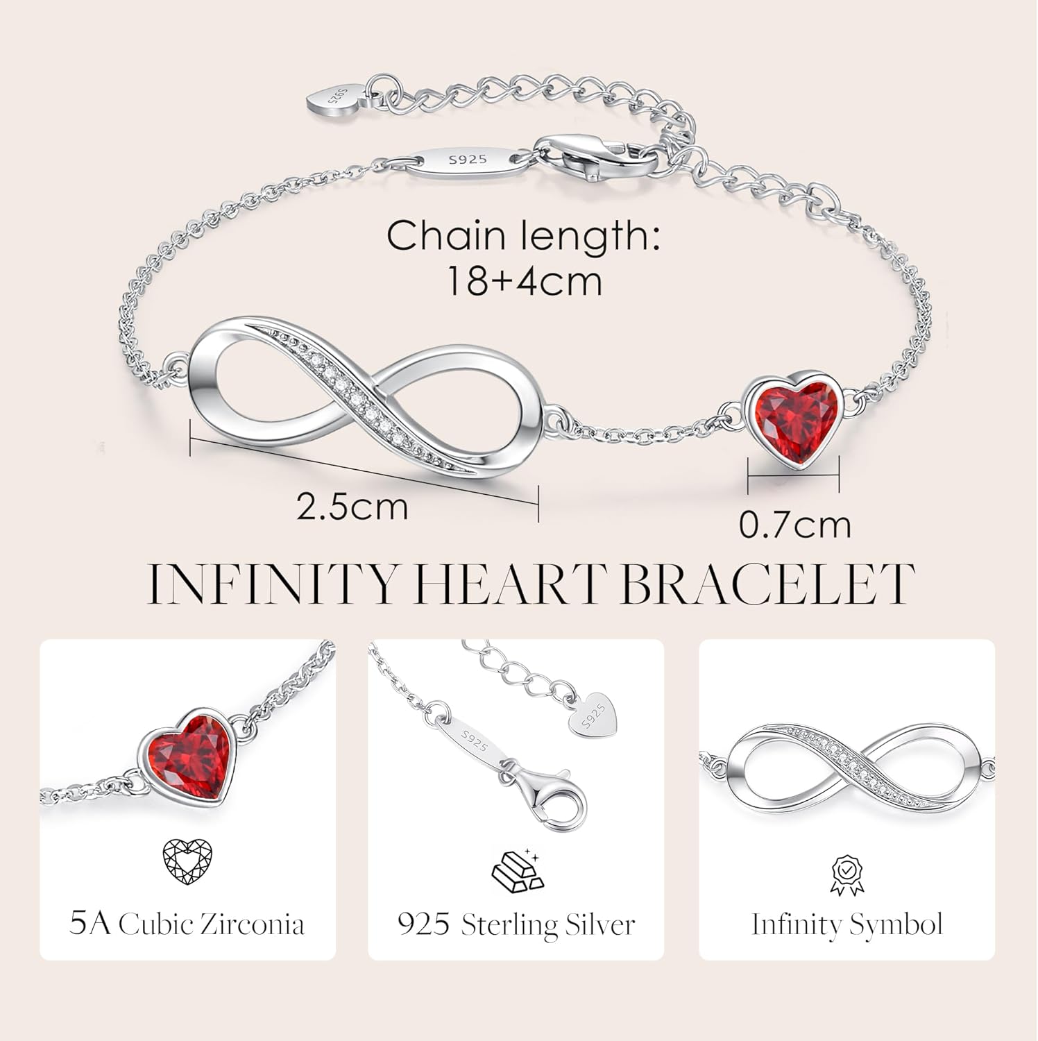 Infinity Heart Birthstone Charm Link Bracelet