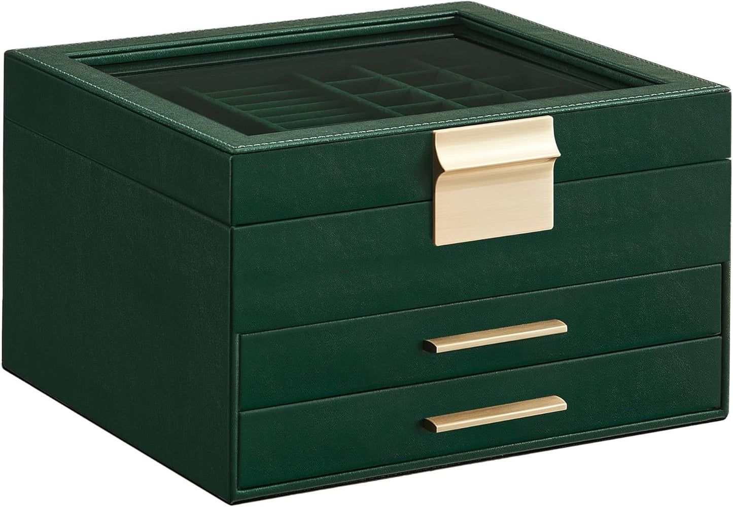 Jewelry Box Organizer with Glass Lid, 3-Layer Jewelry Storage, with 2 Drawers, Modern Style, 8 X 9.1 X 5.3 Inches, Cloud White and Gold Color UJBC239WT