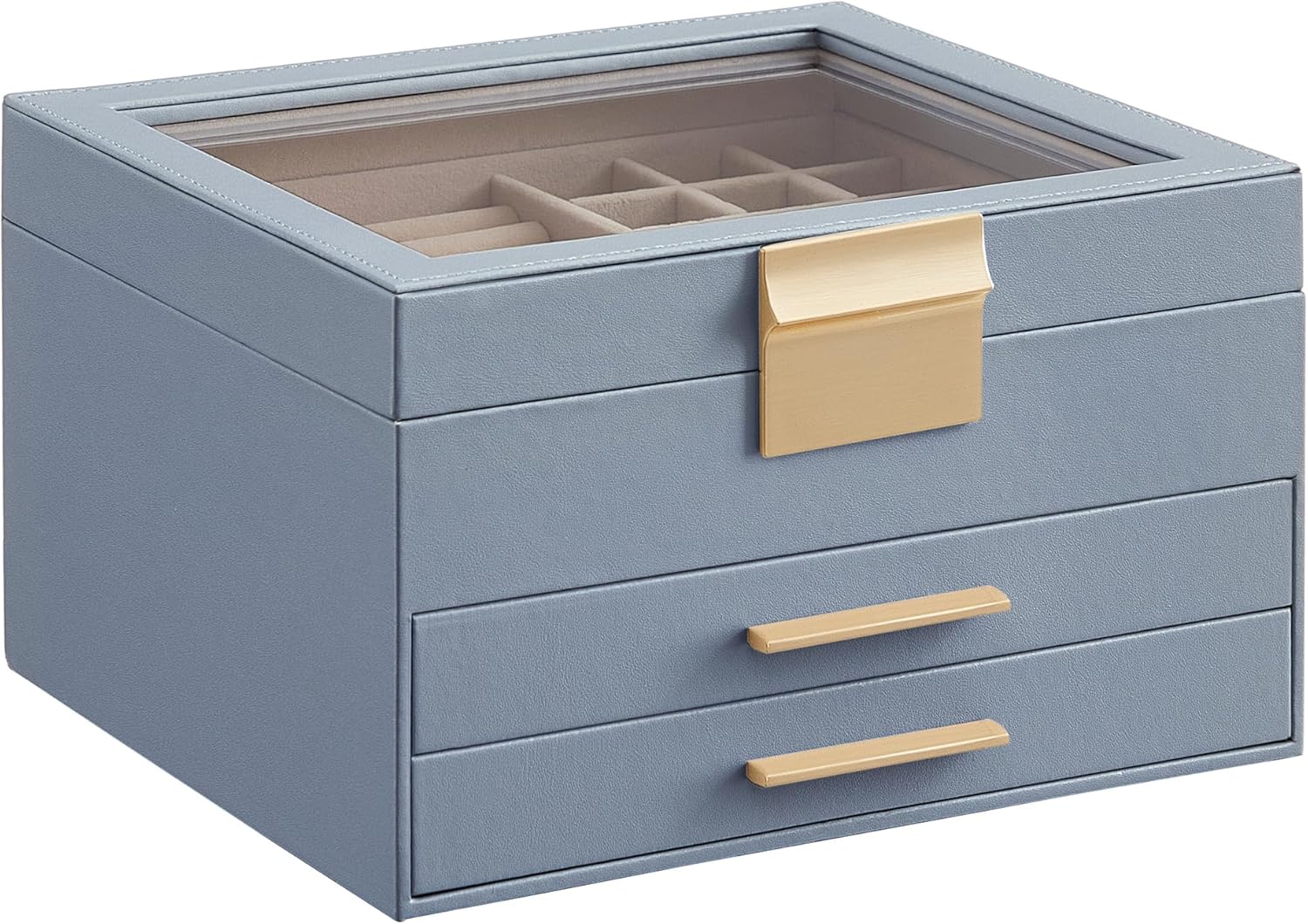 Jewelry Box Organizer with Glass Lid, 3-Layer Jewelry Storage, with 2 Drawers, Modern Style, 8 X 9.1 X 5.3 Inches, Cloud White and Gold Color UJBC239WT