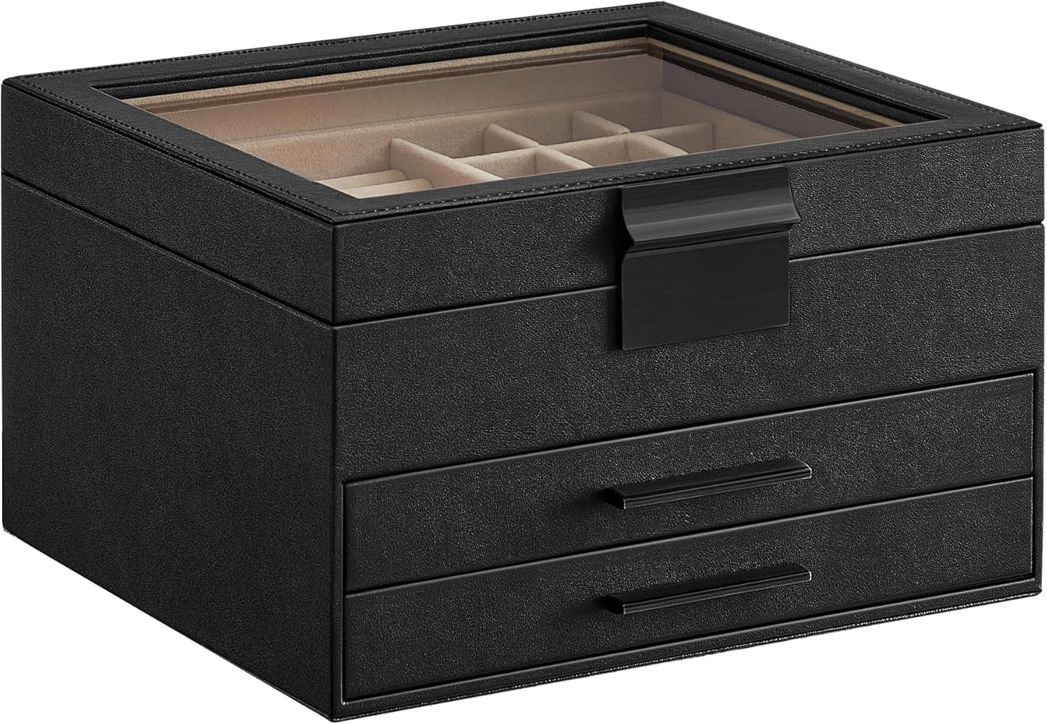 Jewelry Box Organizer with Glass Lid, 3-Layer Jewelry Storage, with 2 Drawers, Modern Style, 8 X 9.1 X 5.3 Inches, Cloud White and Gold Color UJBC239WT