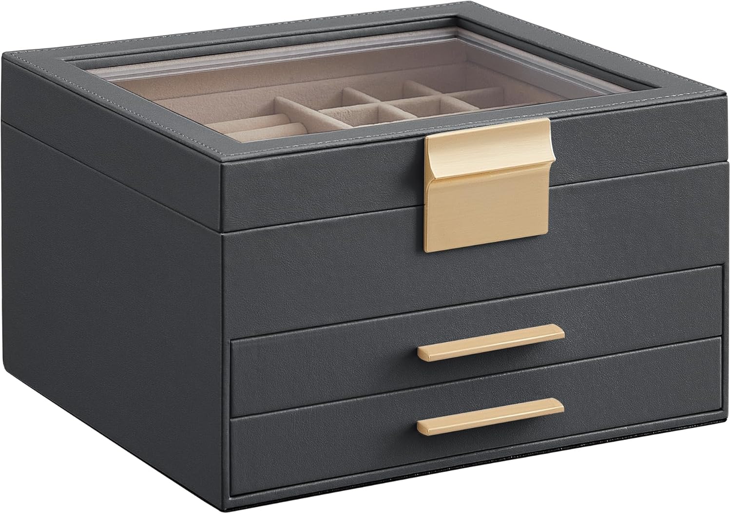 Jewelry Box Organizer with Glass Lid, 3-Layer Jewelry Storage, with 2 Drawers, Modern Style, 8 X 9.1 X 5.3 Inches, Cloud White and Gold Color UJBC239WT