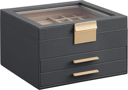 Jewelry Box Organizer with Glass Lid, 3-Layer Jewelry Storage, with 2 Drawers, Modern Style, 8 X 9.1 X 5.3 Inches, Cloud White and Gold Color UJBC239WT