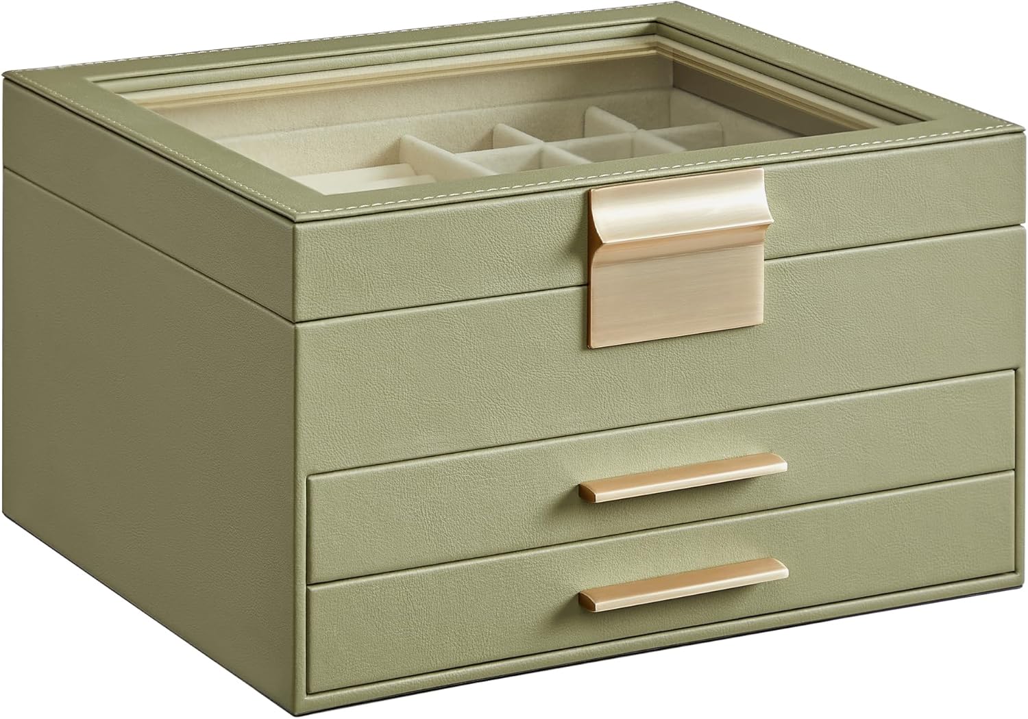 Jewelry Box Organizer with Glass Lid, 3-Layer Jewelry Storage, with 2 Drawers, Modern Style, 8 X 9.1 X 5.3 Inches, Cloud White and Gold Color UJBC239WT