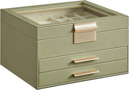 Jewelry Box Organizer with Glass Lid, 3-Layer Jewelry Storage, with 2 Drawers, Modern Style, 8 X 9.1 X 5.3 Inches, Cloud White and Gold Color UJBC239WT
