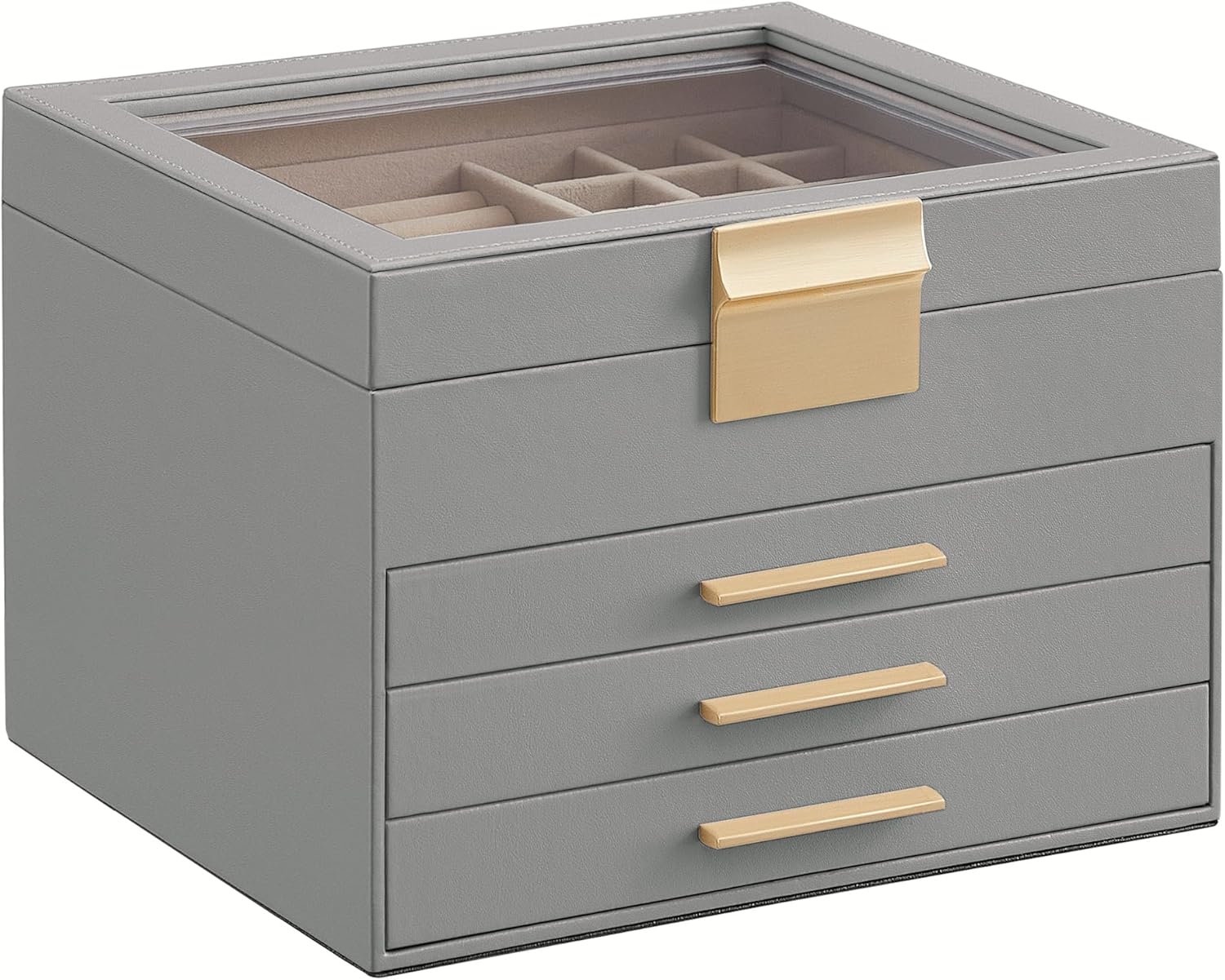 Jewelry Box Organizer with Glass Lid, 3-Layer Jewelry Storage, with 2 Drawers, Modern Style, 8 X 9.1 X 5.3 Inches, Cloud White and Gold Color UJBC239WT