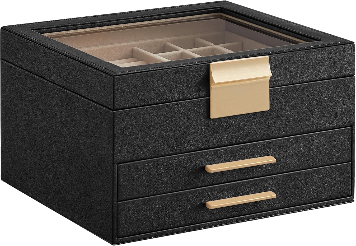 Jewelry Box Organizer with Glass Lid, 3-Layer Jewelry Storage, with 2 Drawers, Modern Style, 8 X 9.1 X 5.3 Inches, Cloud White and Gold Color UJBC239WT