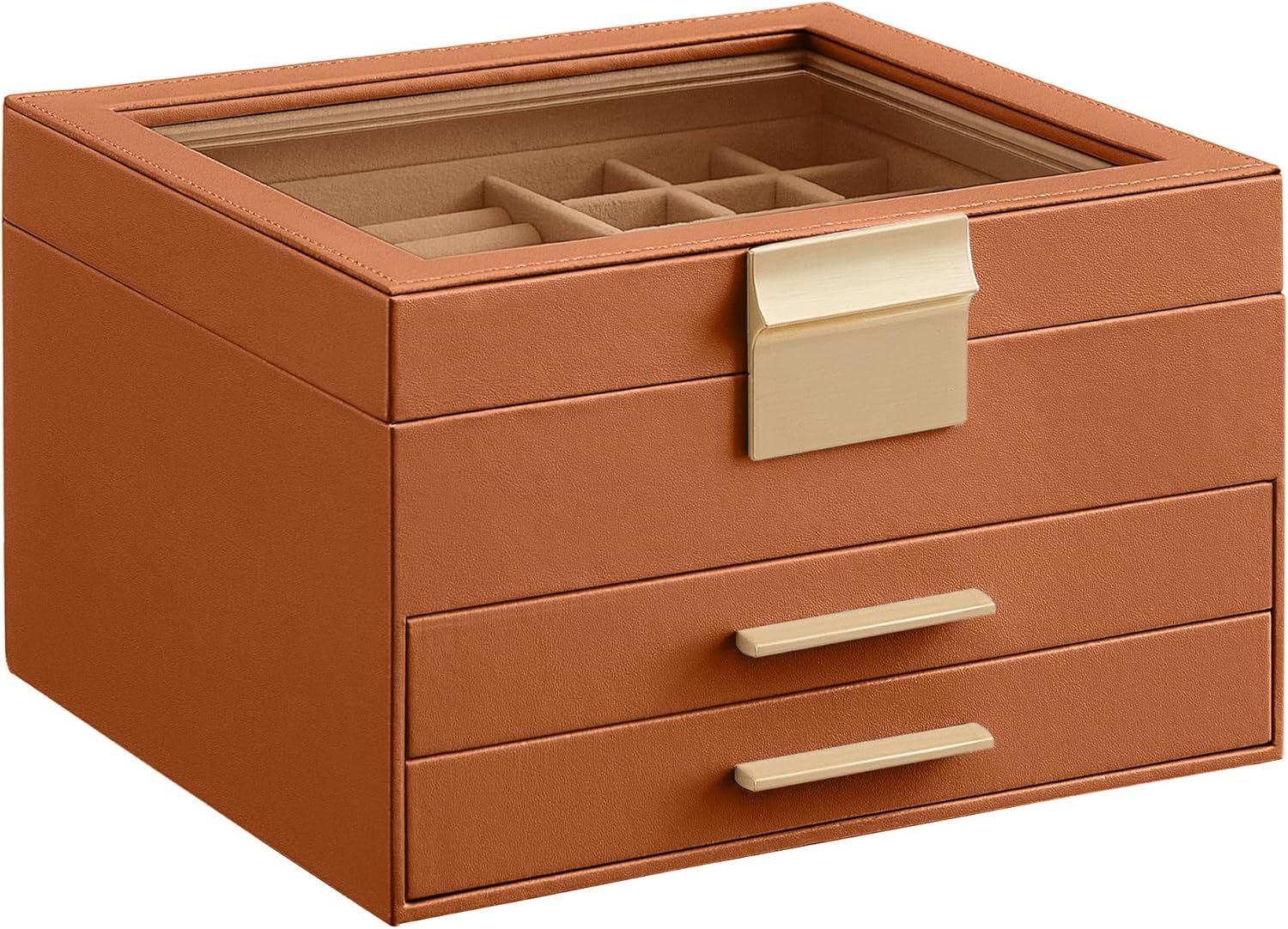 Jewelry Box Organizer with Glass Lid, 3-Layer Jewelry Storage, with 2 Drawers, Modern Style, 8 X 9.1 X 5.3 Inches, Cloud White and Gold Color UJBC239WT